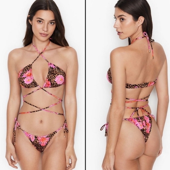 Victoria's Secret Triangle Tie Wrap Bikini Top Leopard Flower Sz L NWT - Picture 1 of 5